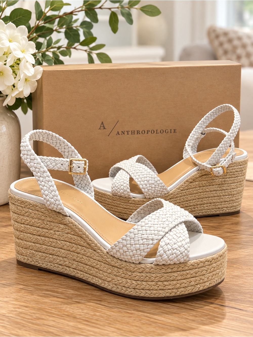 Anthropologie Leather White Braided Espadrille Wedge Sandals